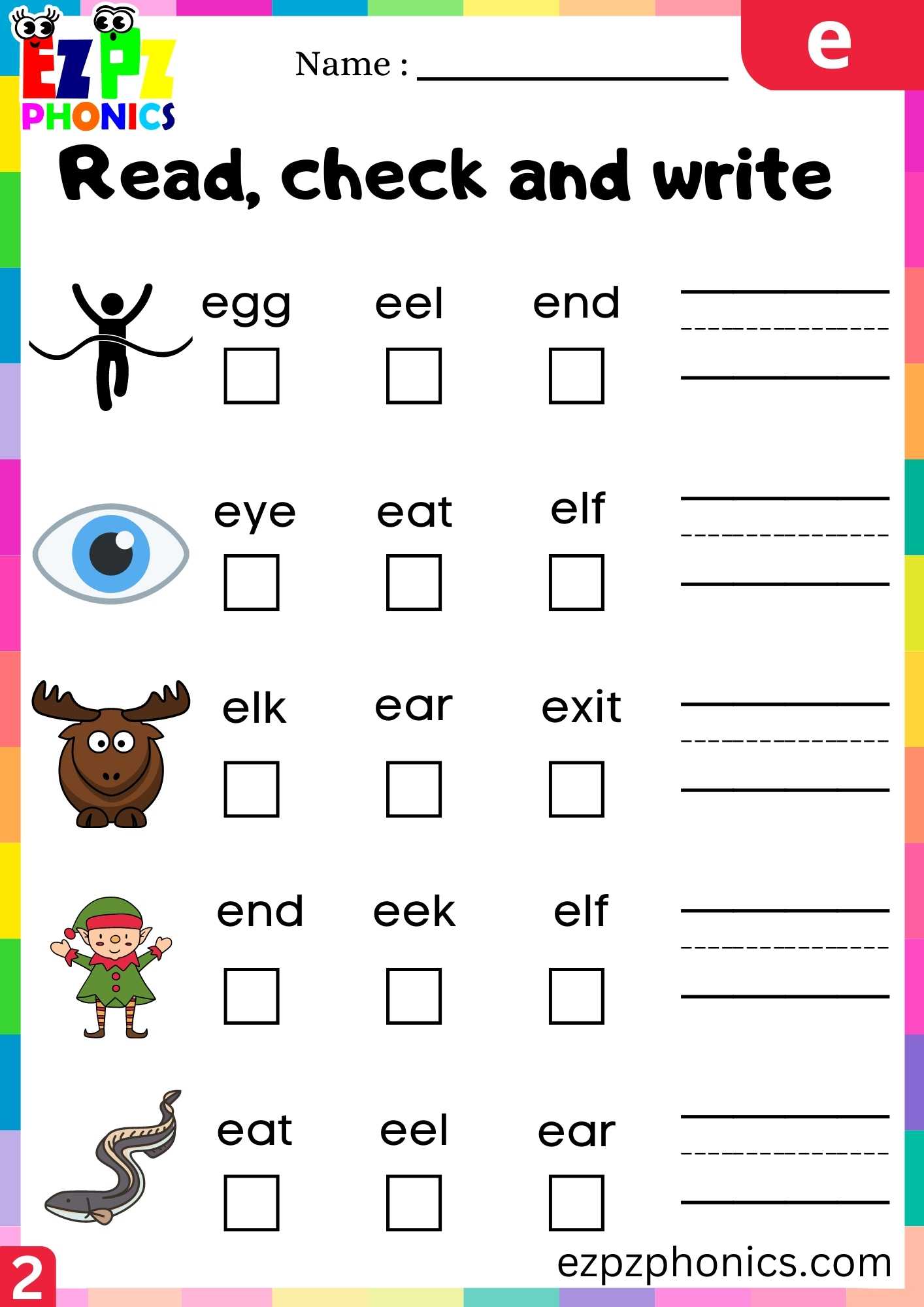 Group2 Letter E Read, Check And Write Beginning Sounds Worksheet